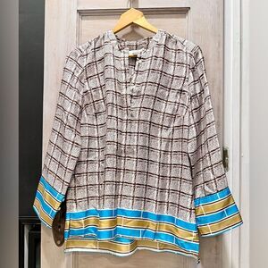 J Crew Collection $148 Silk Tunic, Speckled Plaid, Ivory Brown Blue, Size S, EUC